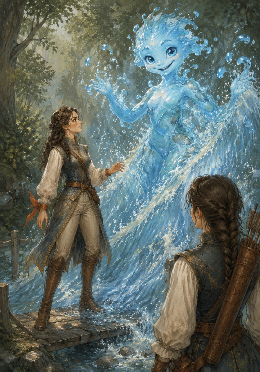 Suddenly, a playful river sprite rose from a bubbling stream, blocking the only bridge with a wall of shimmering water. The sprite demanded a riddle to pass, and Ariana stepped forward, smiling as she easily solved the ancient puzzle she had read about just weeks before.