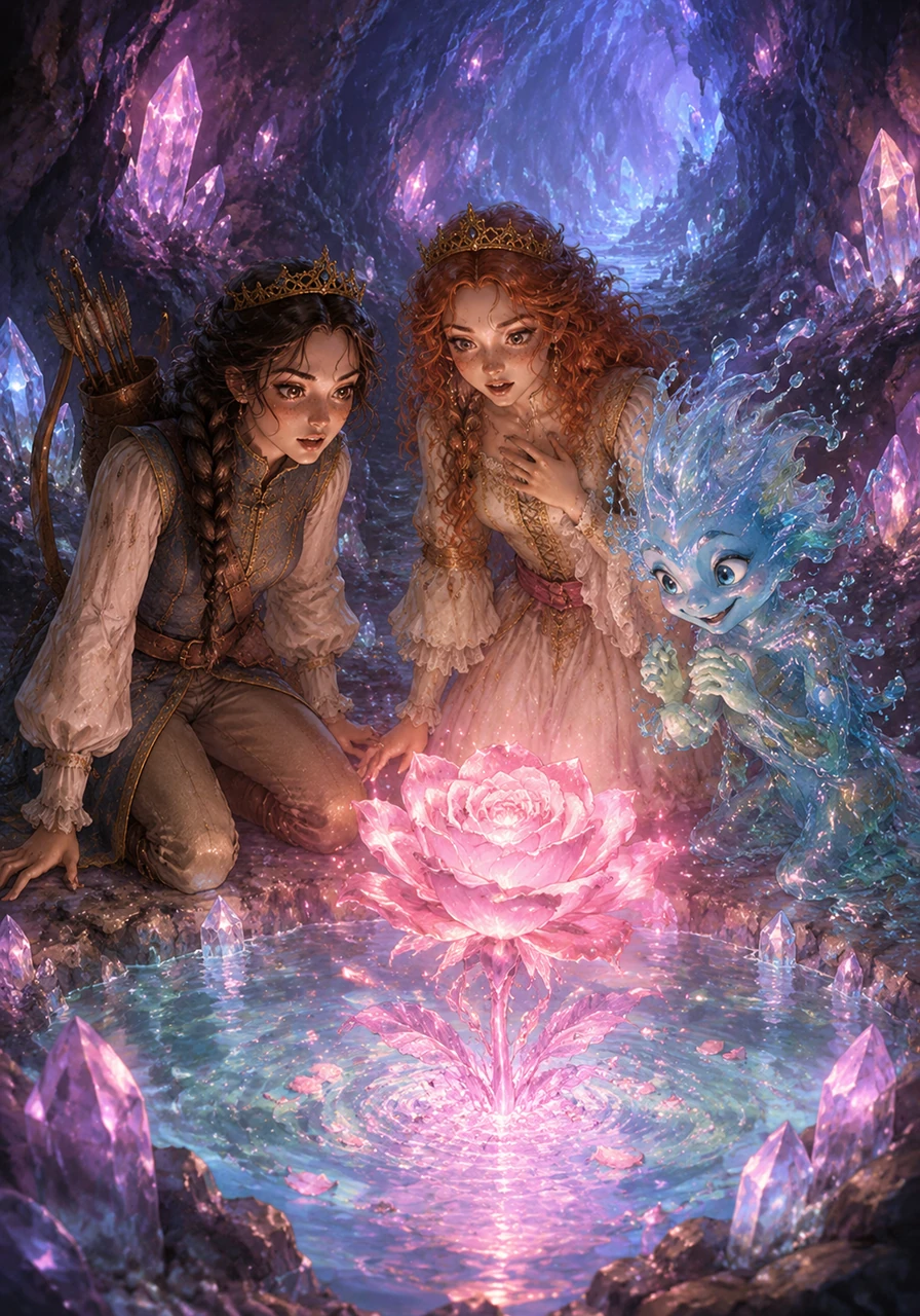 At the very top of the Whispering Mountains, nestled inside a cave of glowing crystals, they found the beautiful Heart-Rose blooming in a pool of pure water. The petals pulsed with a soft, pink light that warmed the cold cavern and made the sisters gasp in wonder.