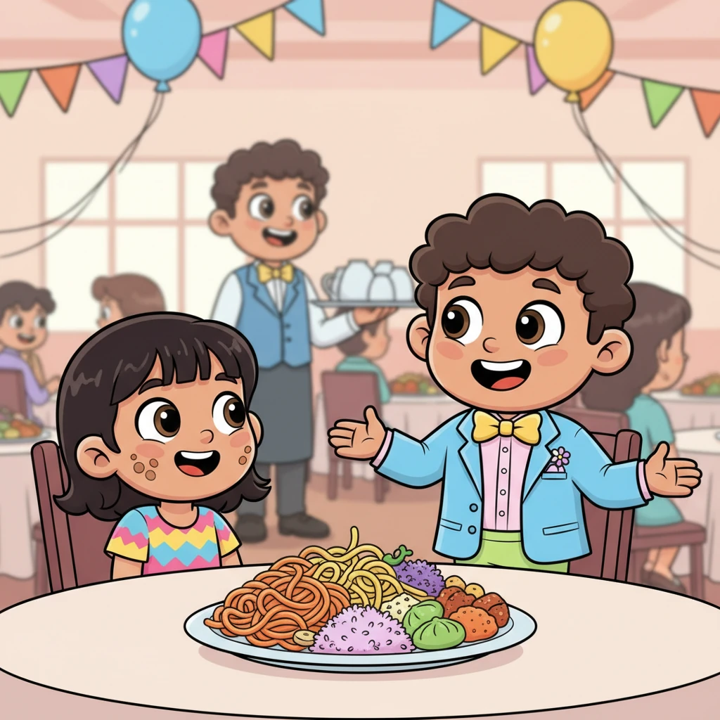 Priya sat at a bustling wedding, a plate of delicious food before her. Across the table, Arun, with a kind smile, gestured to a server to bring more, his eyes sparkling as he watched her. He waited patiently until she finished her meal.