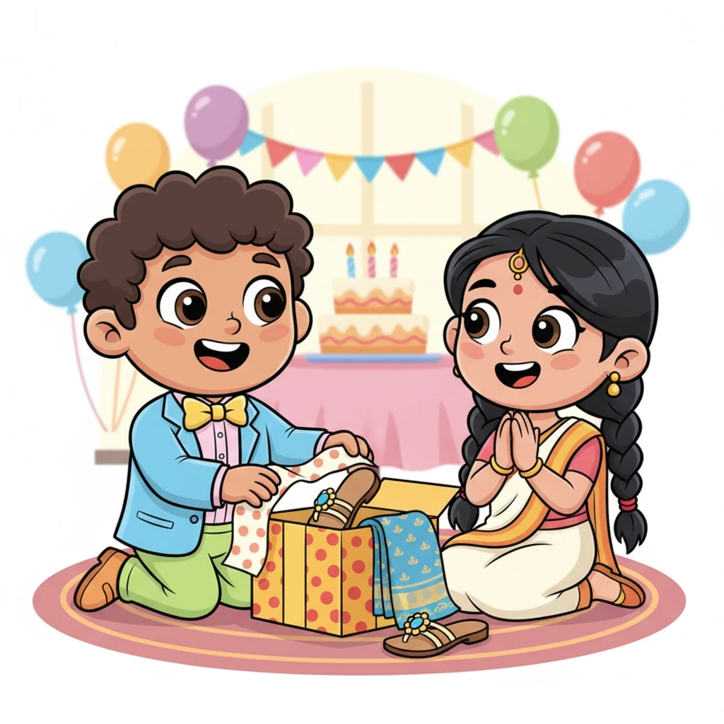On Priya's birthday, she unwrapped a beautifully presented gift from Arun. Her face beamed with joy as she discovered a shimmering saree and elegant sandals, a testament to his thoughtful care and affection.