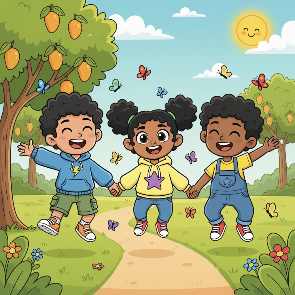 Quian, Wea, and Zion, three giggling best friends, are shown holding hands and skipping happily towards a lush, green mango orchard. The sun is shining brightly, and colorful butterflies flutter around them.