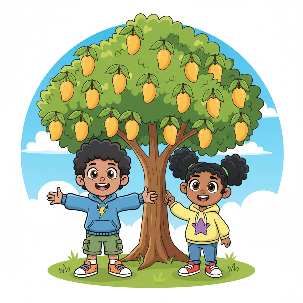 The friends arrive at a magnificent mango tree, heavily laden with ripe, golden mangoes. Their eyes are wide with excitement as they look up at the bountiful branches, ready to pick the delicious fruit.