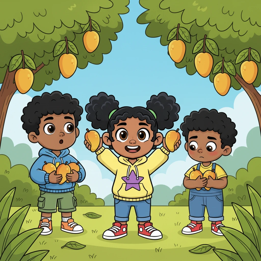 Quian proudly holds up four shiny mangoes, counting them with a big smile on her face. Wea looks on with a slightly fewer amount, and Zion stands a little apart, looking a bit shy with only two mangoes.
