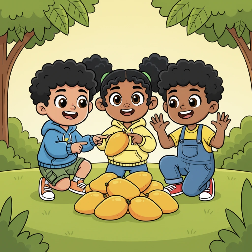 The three friends huddle together, their heads close, as they carefully count all their collected mangoes. Their fingers point to each fruit, and their faces beam with joy as they reach the number nine.