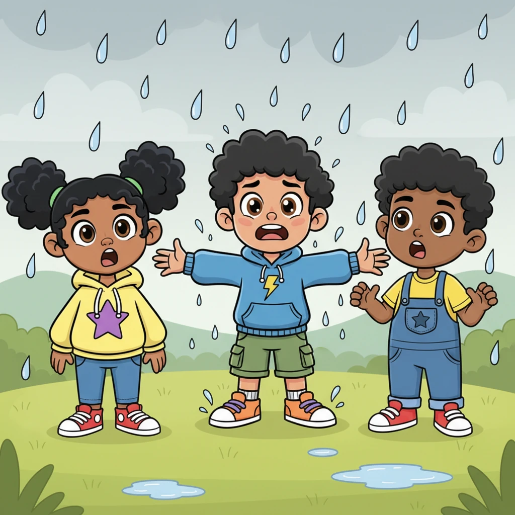 Suddenly, big, cartoonish raindrops start to fall from the sky. Wea looks up with a surprised, worried expression, while Quian and Zion gasp, realizing they're caught in a sudden downpour.