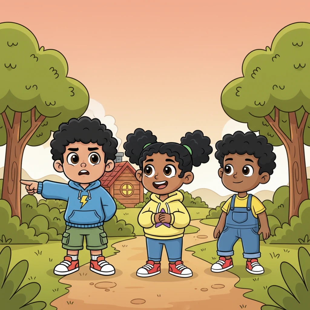 Zion points with a determined expression towards a small, cozy-looking hut nestled among some trees in the distance. The other two friends look relieved and ready to run towards shelter.