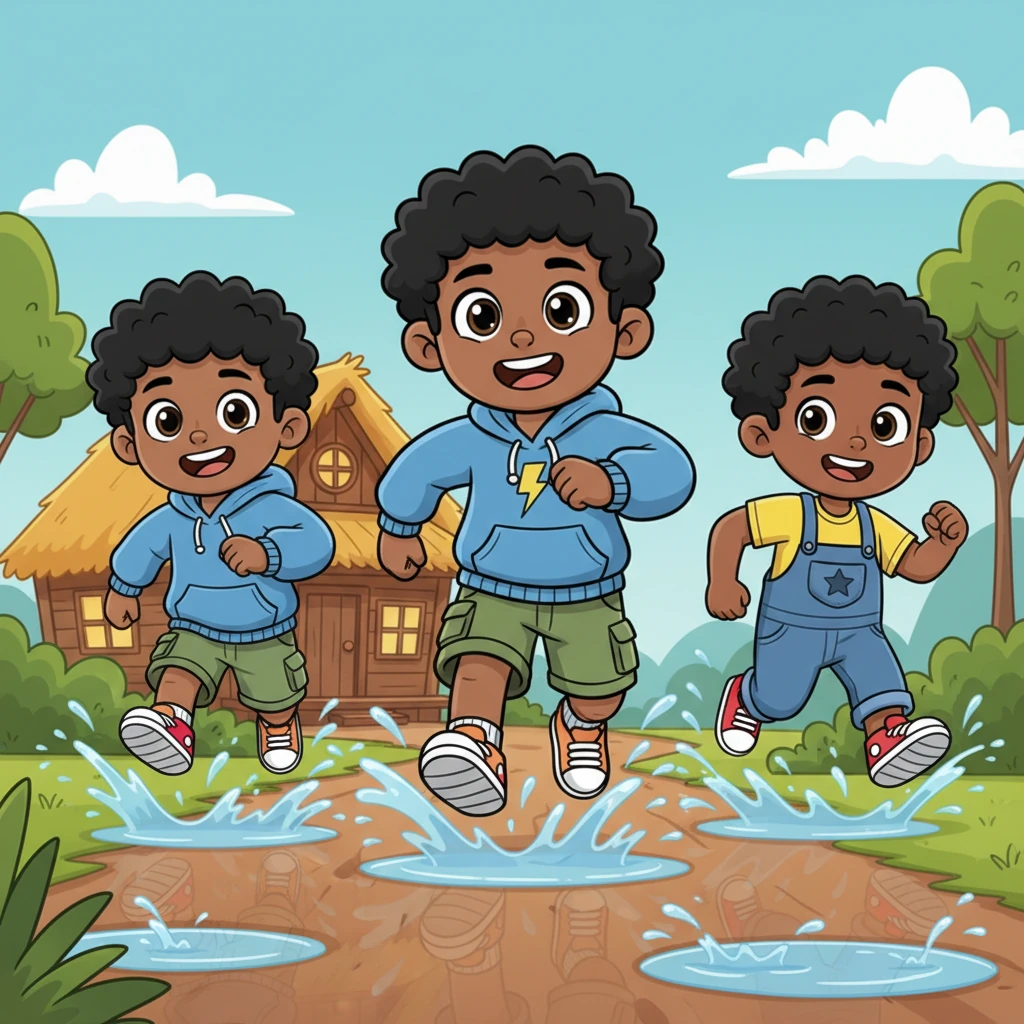 Quian, Wea, and Zion are shown running with exaggerated speed and splashing through small puddles, heading for the hut. Their faces are a mix of surprise and determination, but still cheerful.