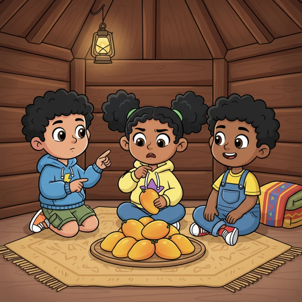 Inside the small, warm hut, the three friends sit comfortably, sharing knowing glances. They are busy dividing the nine mangoes into three equal piles, each looking thoughtful and focused.