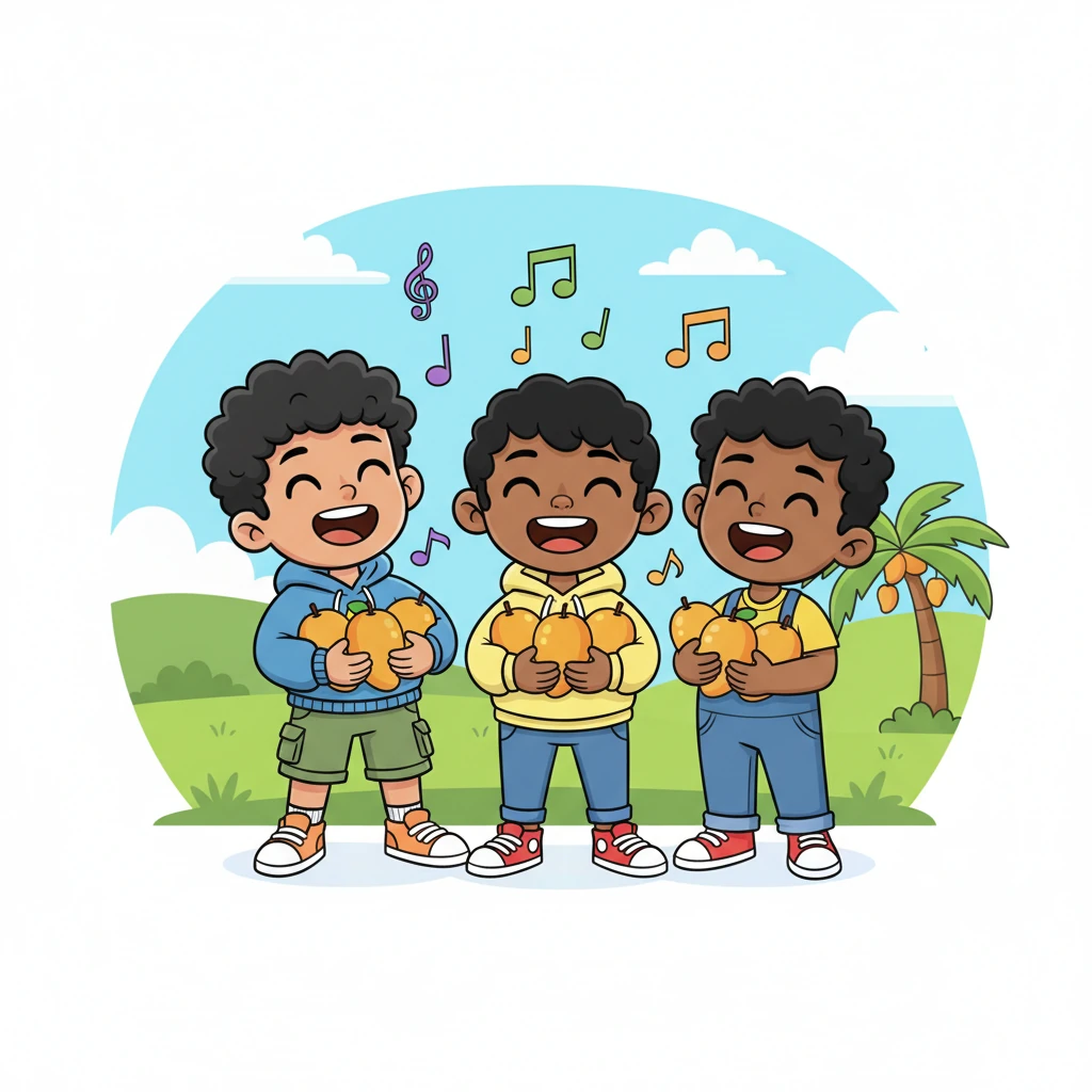 Each friend now happily holds three mangoes, their faces glowing with satisfaction. They are shown singing joyfully, with musical notes floating around them, celebrating their fair share.