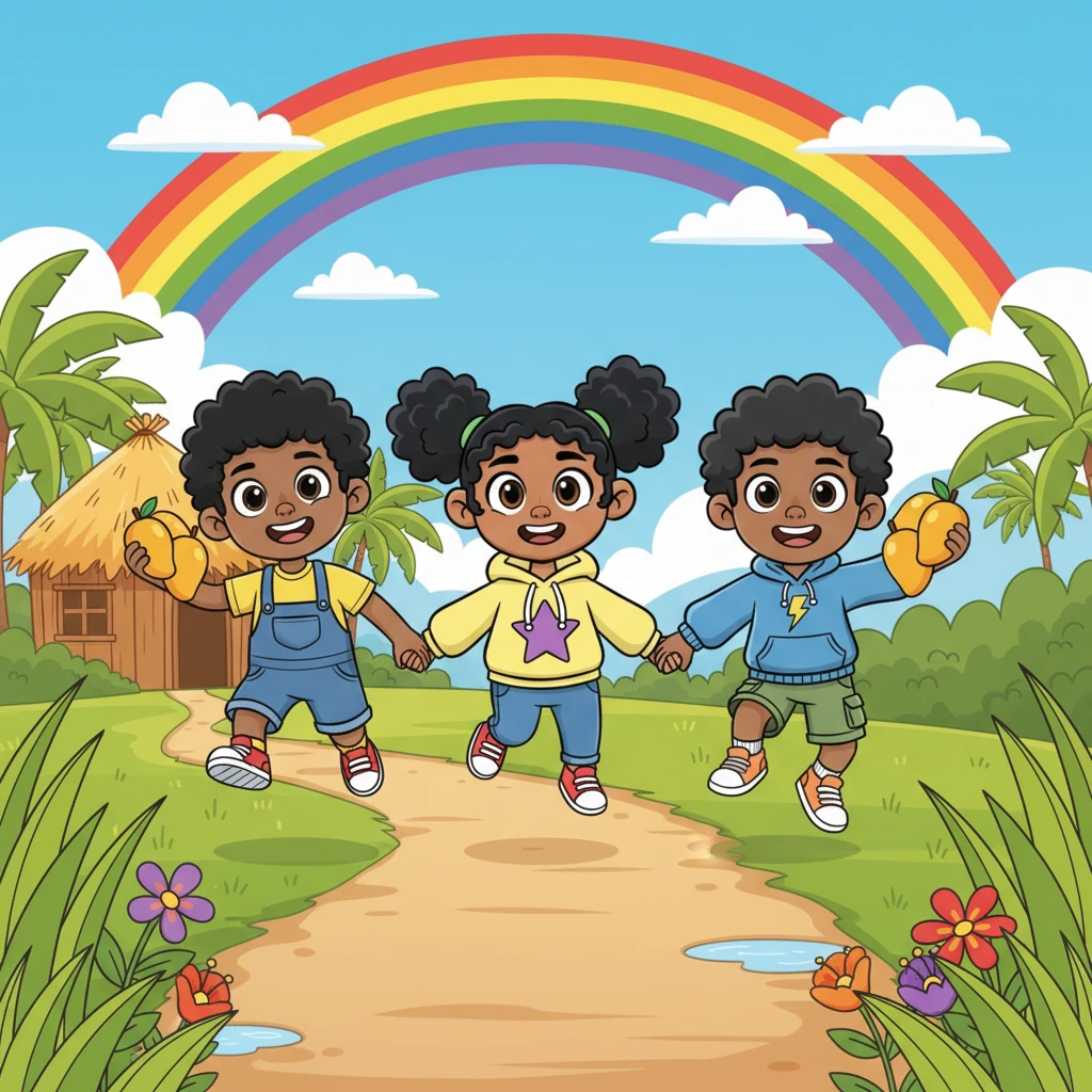 The rain has stopped, and a beautiful rainbow arches across the sky. Quian, Wea, and Zion skip home hand-in-hand, each carrying their three mangoes, leaving the hut behind and looking forward to eating their delicious treats.