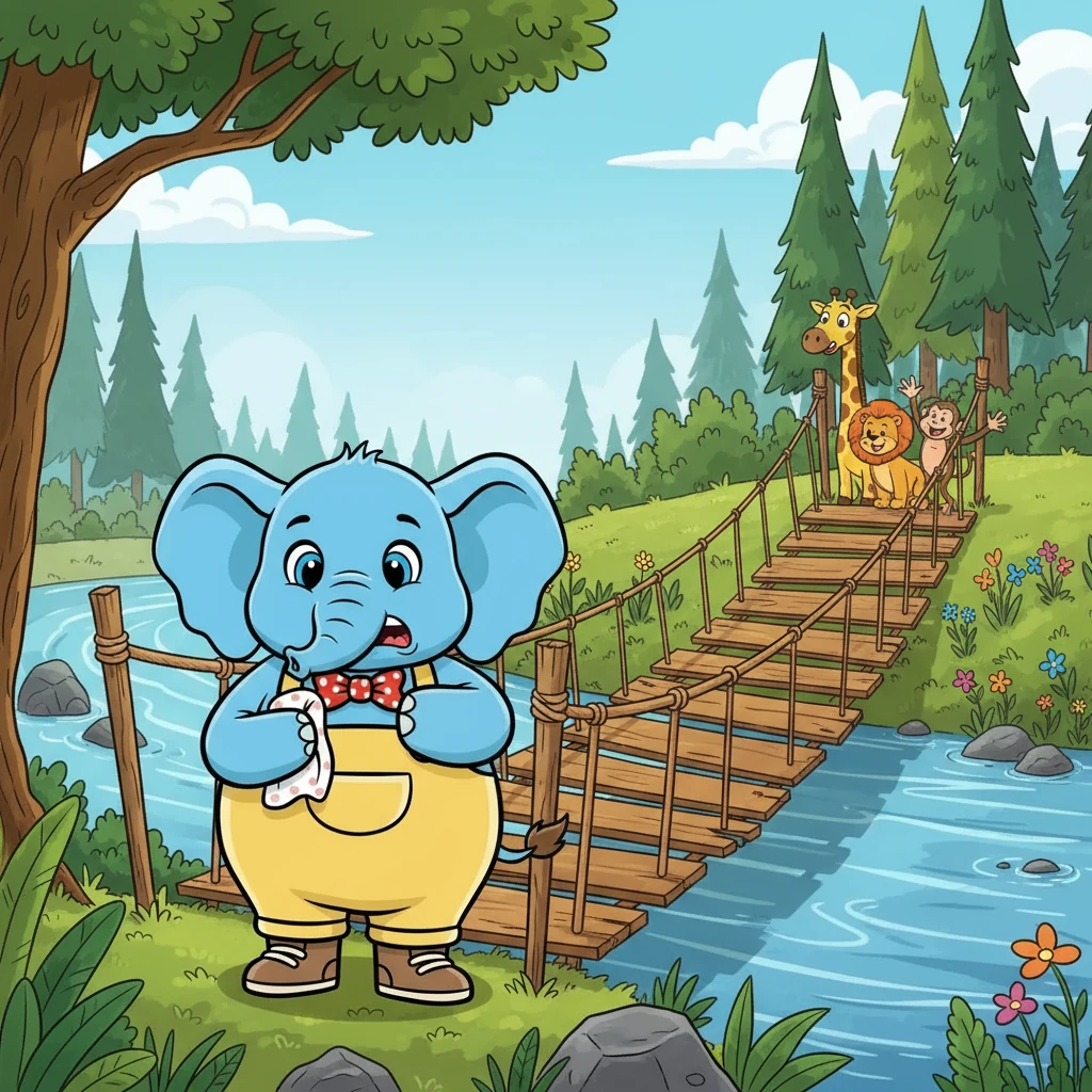 Timóteo era um elefante muito tímido. Ele vivia em uma floresta verdejante e adorava brincar com seus amigos. Porém, havia uma ponte de madeira que ele precisava atravessar para chegar ao outro lado, e Timóteo morria de medo dela. "I'm so scared!"