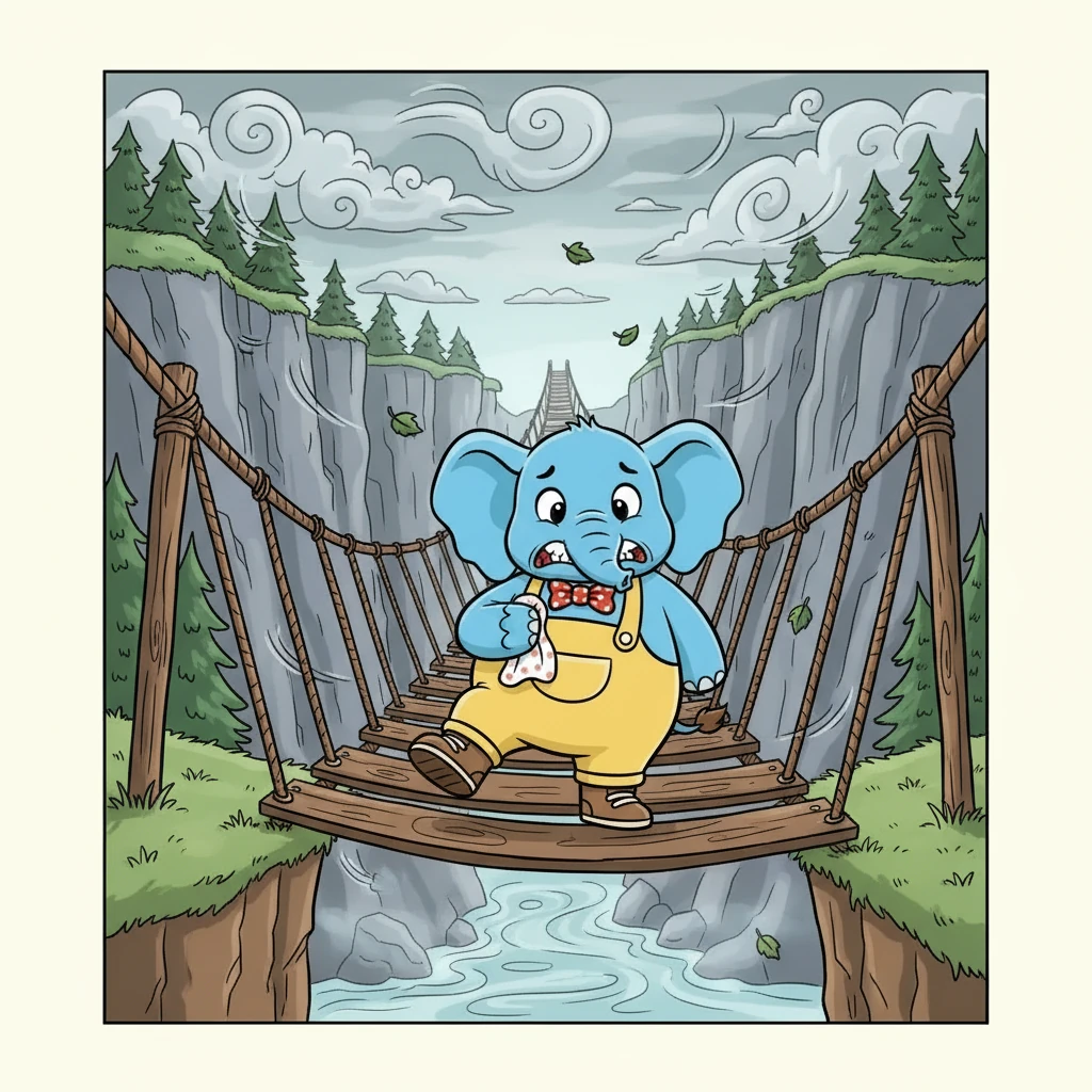 A ponte balançava com o vento, e Timóteo imaginava que ela iria quebrar. Ele ficava parado na beira, tremendo, sem coragem de dar o primeiro passo. "I'm afraid of the bridge!"