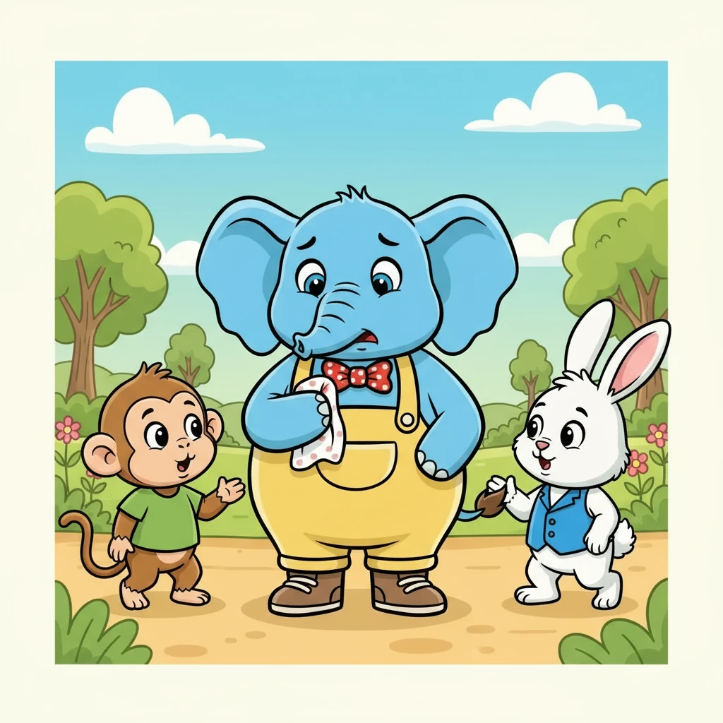 Um dia, seus amigos, a macaquinha Mel e o coelho Zeca, perceberam a aflição de Timóteo. Eles se aproximaram e perguntaram o que estava acontecendo. "What's wrong, Timóteo?"