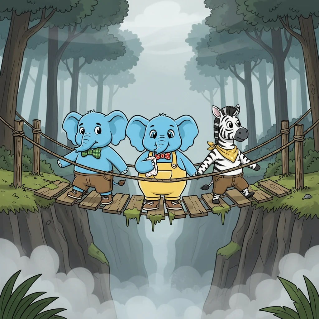 Juntos, eles decidiram que a coragem significava tentar mesmo com medo. Timóteo, Mel e Zeca, de mãos dadas, começaram a atravessar a ponte, devagar e com cuidado. "Courage means trying again!"