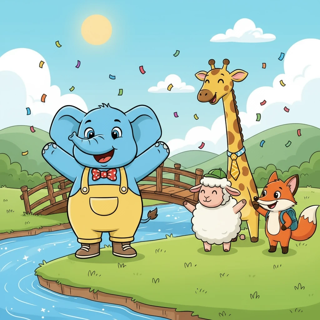 No final, eles chegaram ao outro lado, felizes e orgulhosos. Timóteo percebeu que, com a ajuda dos amigos, até os medos maiores podem ser superados. Eles celebraram, brincando e rindo juntos, mostrando que a amizade é o maior tesouro. "We did it!"