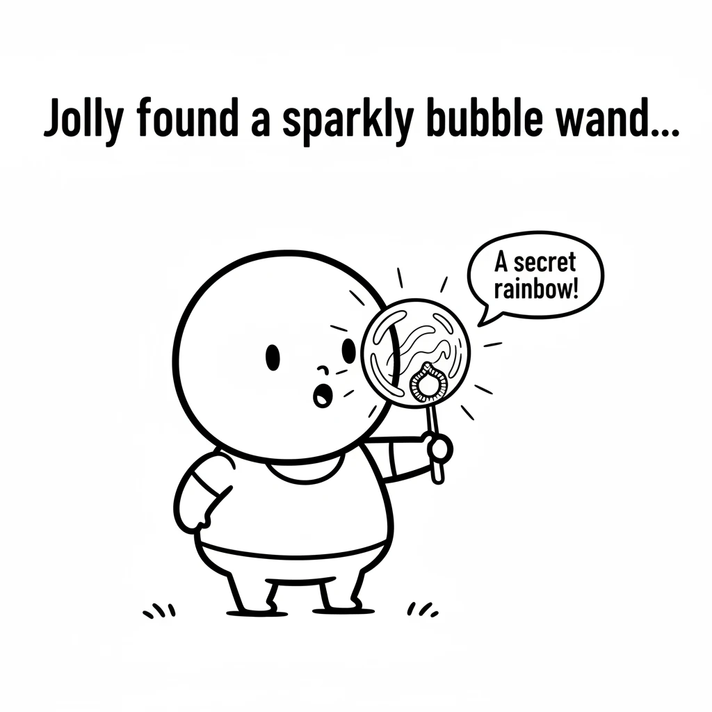 Jolly, a little round friend, discovered a sparkly bubble wand. A single, perfect bubble floated right in front of their nose, shimmering with all the