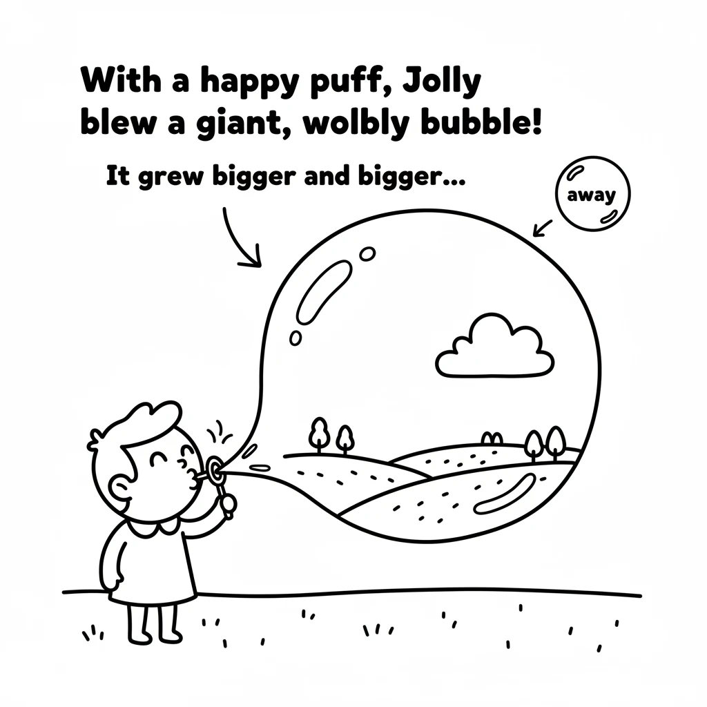 With a happy puff, Jolly blew a giant, wobbly bubble! It grew bigger and bigger, reflecting the whole world in its round, shiny surface before gently