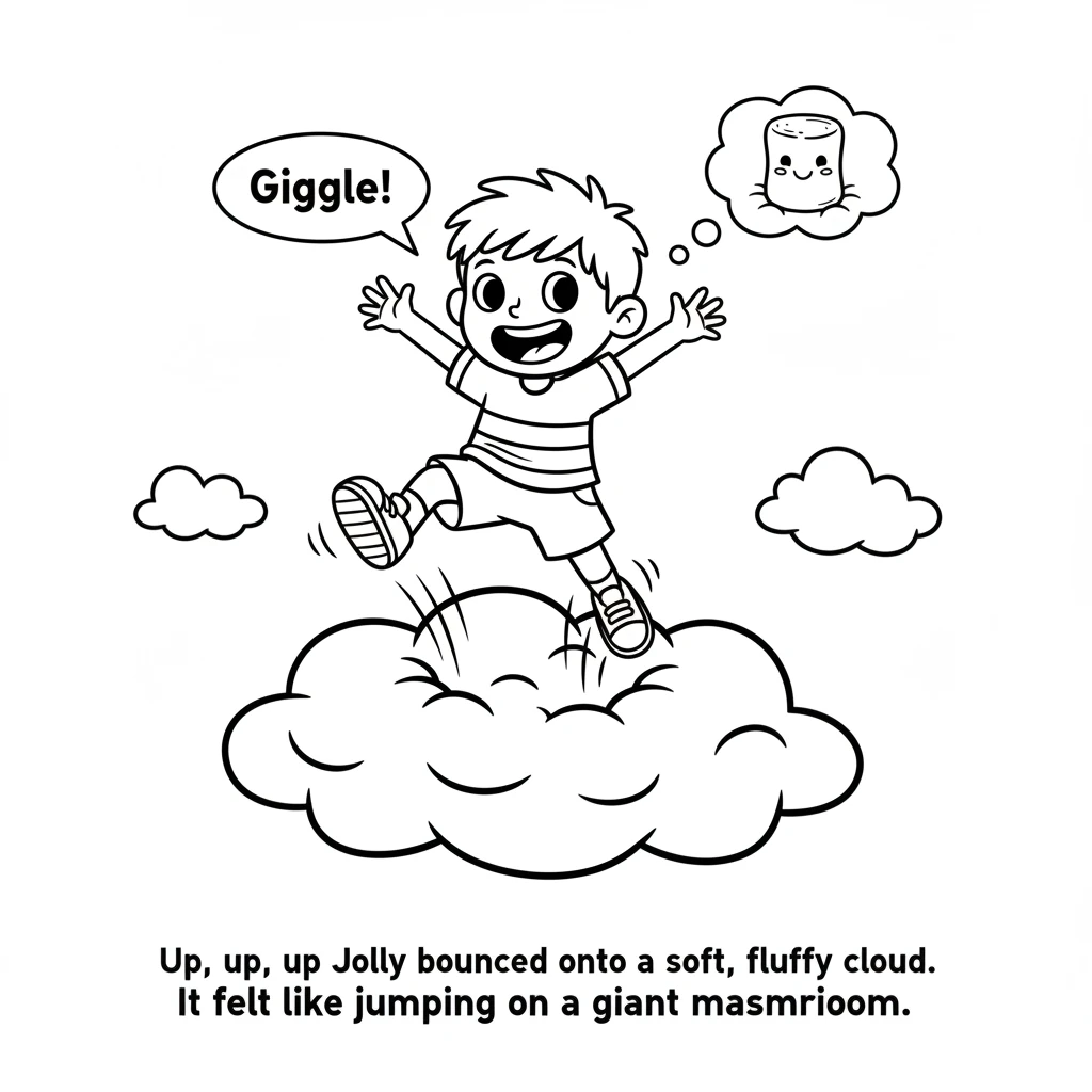 Up, up, up Jolly bounced onto a soft, fluffy cloud. It felt like jumping on a giant marshmallow, making Jolly giggle with every springy leap.