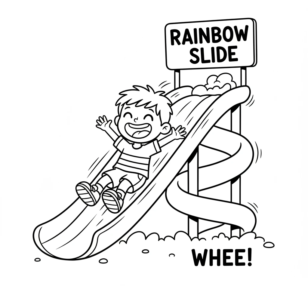 Whee! Jolly zoomed down a swirly rainbow slide. The colors blurred into a happy streak as they slid all the way to the bottom with a cheerful laugh.