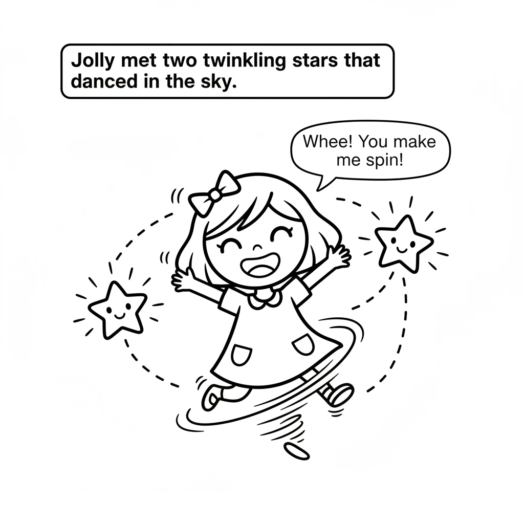 Jolly met two twinkling stars that danced in the sky. The stars spun around Jolly, making them twirl and giggle along with their bright, playful frien