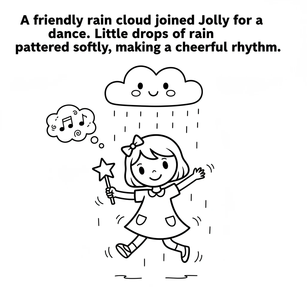 A friendly rain cloud joined Jolly for a dance. Little drops of rain pattered softly, making a cheerful rhythm for Jolly's joyful skips and turns.