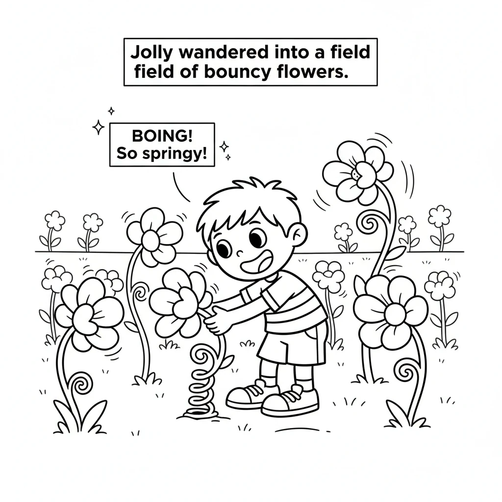 Jolly wandered into a field of bouncy flowers. Each flower had a springy stem, and Jolly loved gently pushing them to watch them sway and bounce back.