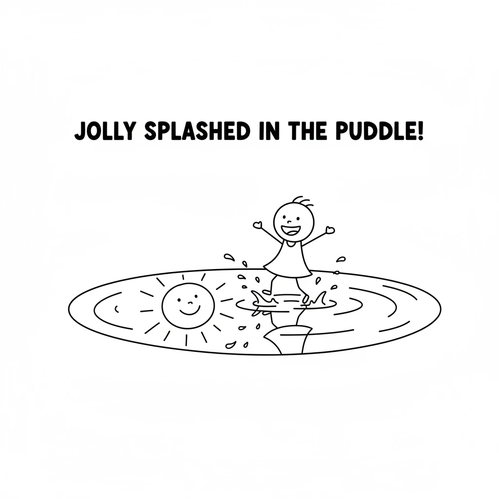 A big, round puddle appeared, reflecting the entire blue sky and a happy sun. Jolly splashed in it, sending tiny, happy ripples across its smooth surf