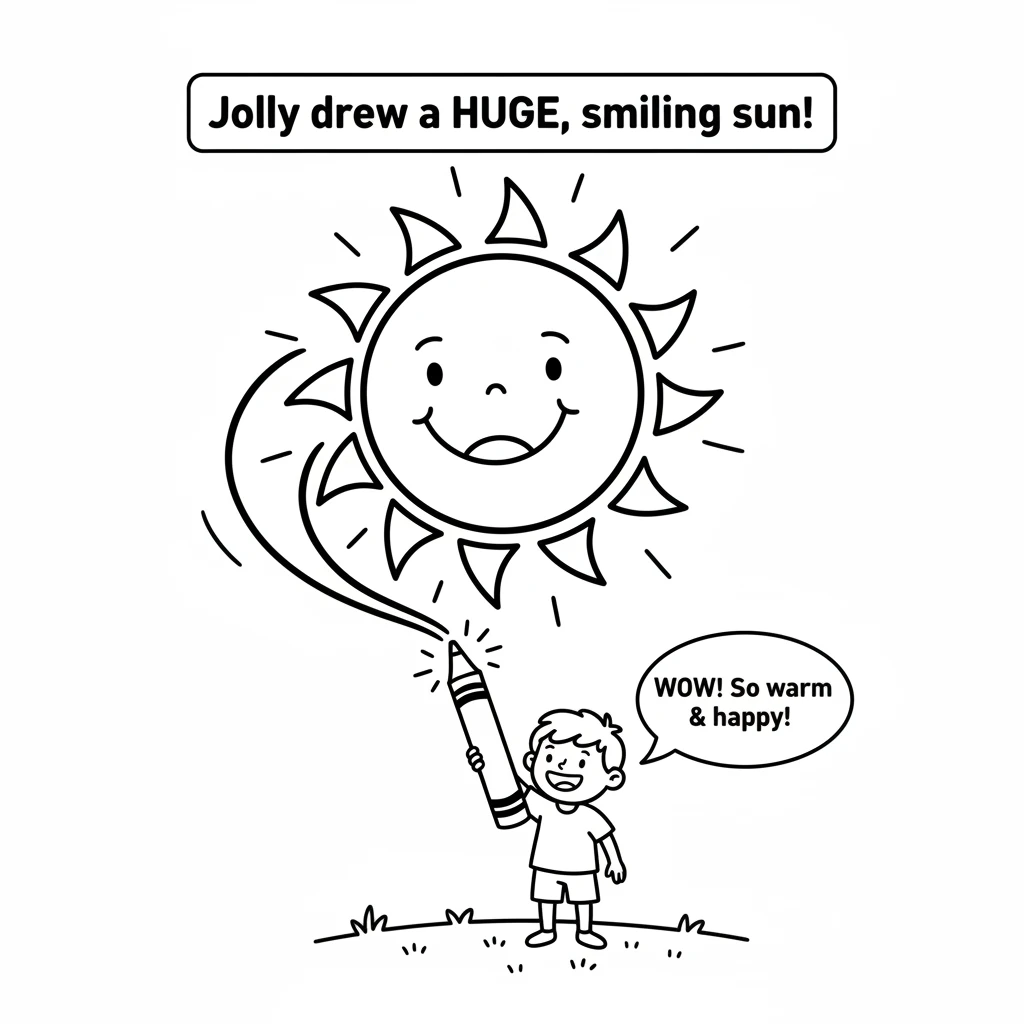 Using a magical crayon, Jolly drew a huge, smiling sun right in the sky. Its bright, simple face beamed down, making everything feel even warmer and h