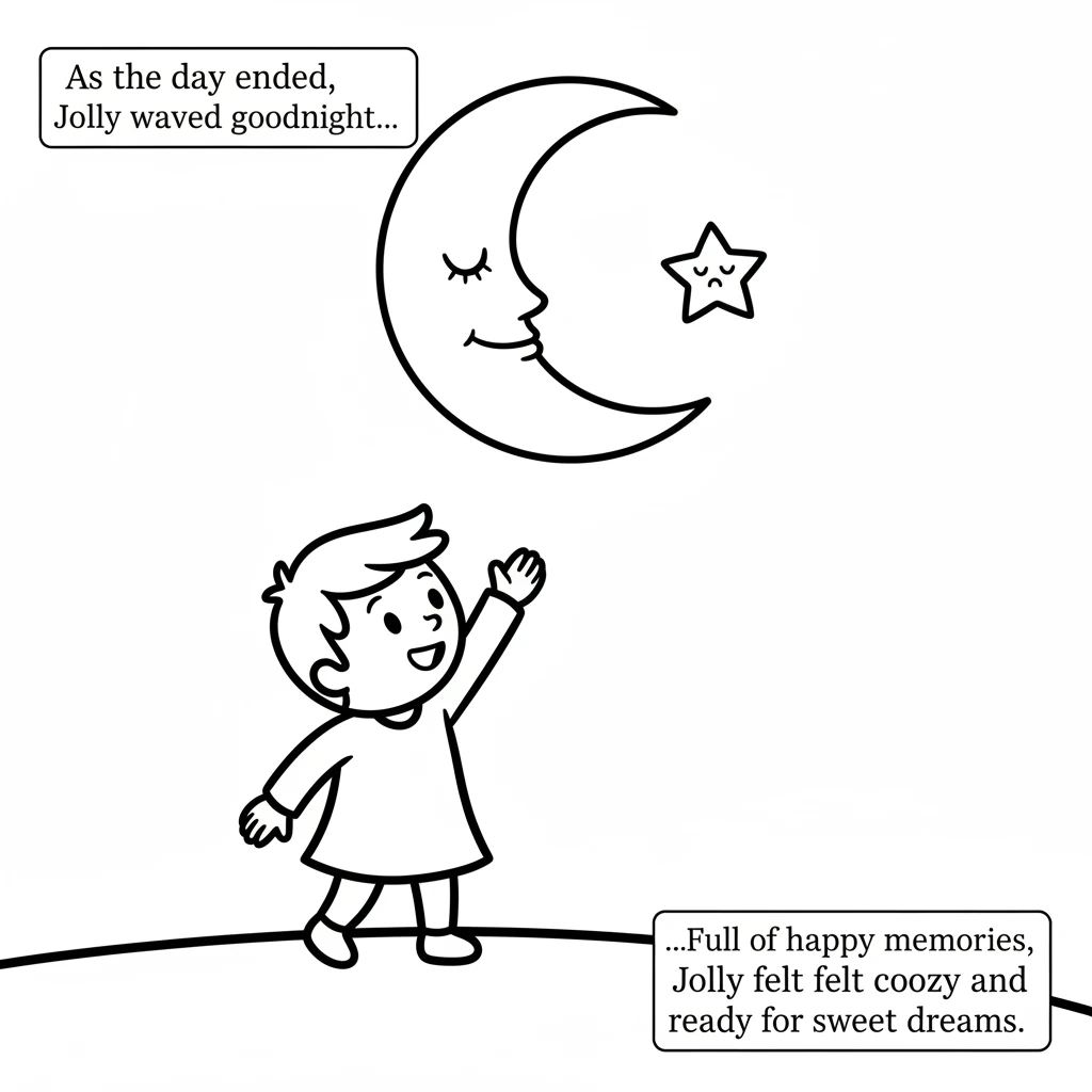 As the day ended, Jolly waved goodnight to a crescent moon and a single, sleepy star. Full of happy memories, Jolly felt cozy and ready for sweet drea