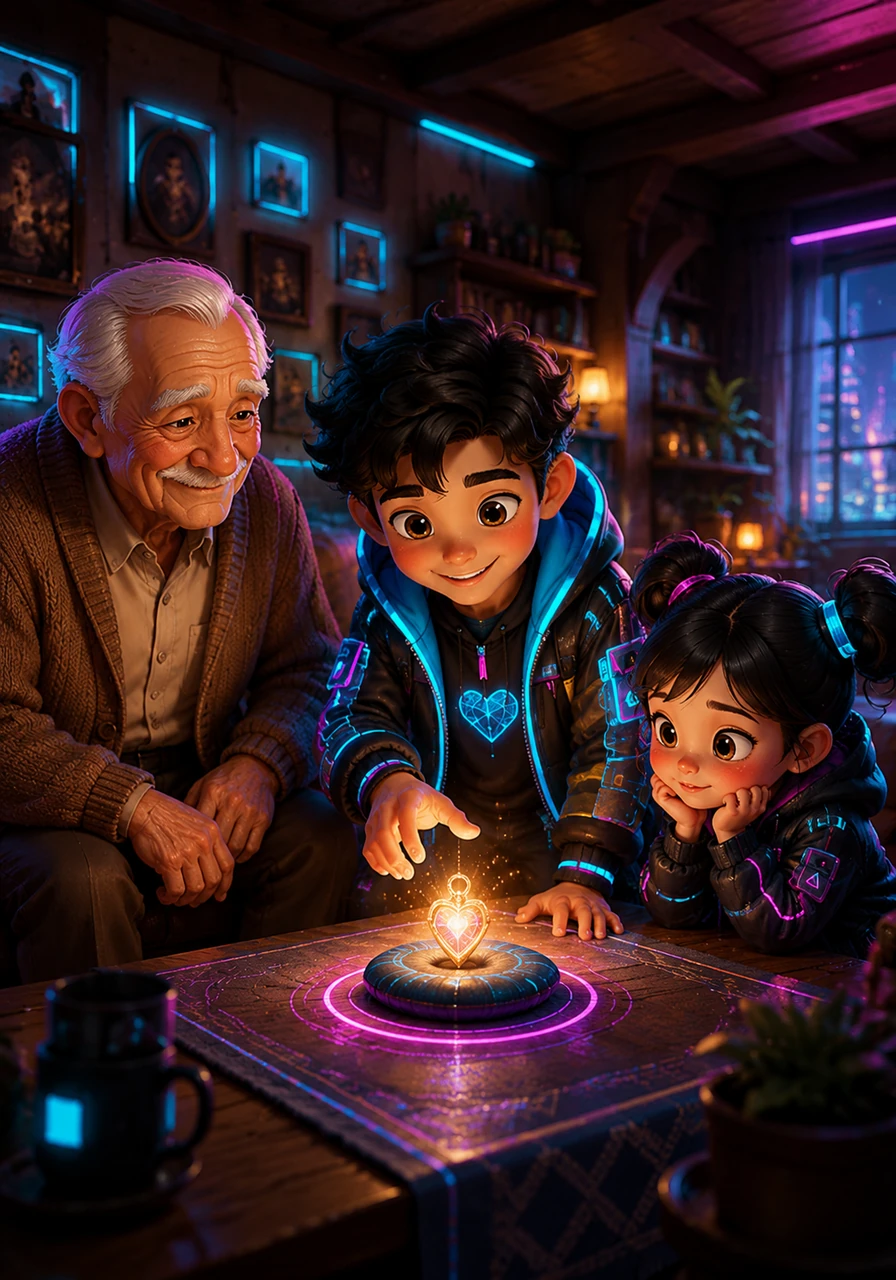 Mateo vive en una casa acogedora donde las paredes parecen susurrar historias antiguas, y en el centro del salón, un pequeño amuleto brillante representa el corazón de su familia.