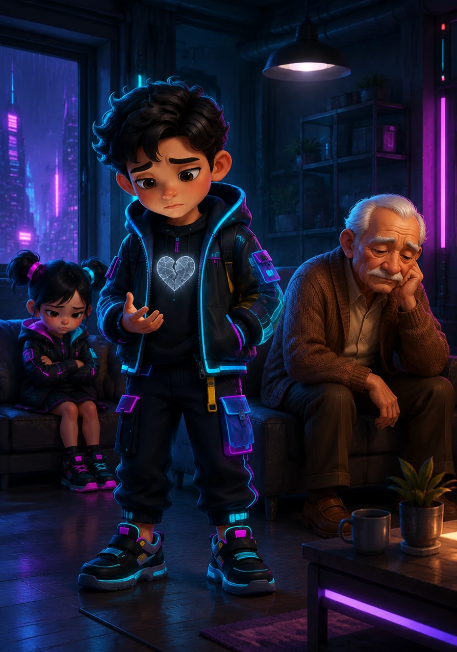 Un día, Mateo nota que el corazón está apagado y gris, lo que hace que todos en la casa se sientan un poco distantes y tristes.