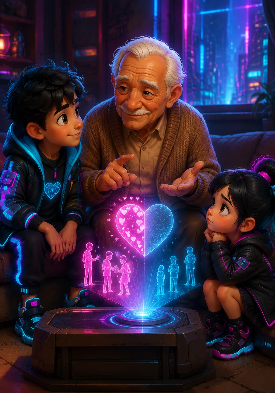 Su abuelo le cuenta que el corazón se alimenta de pequeños actos de amor y comprensión, y que cuando la familia se olvida de compartir, el brillo se desvanece.