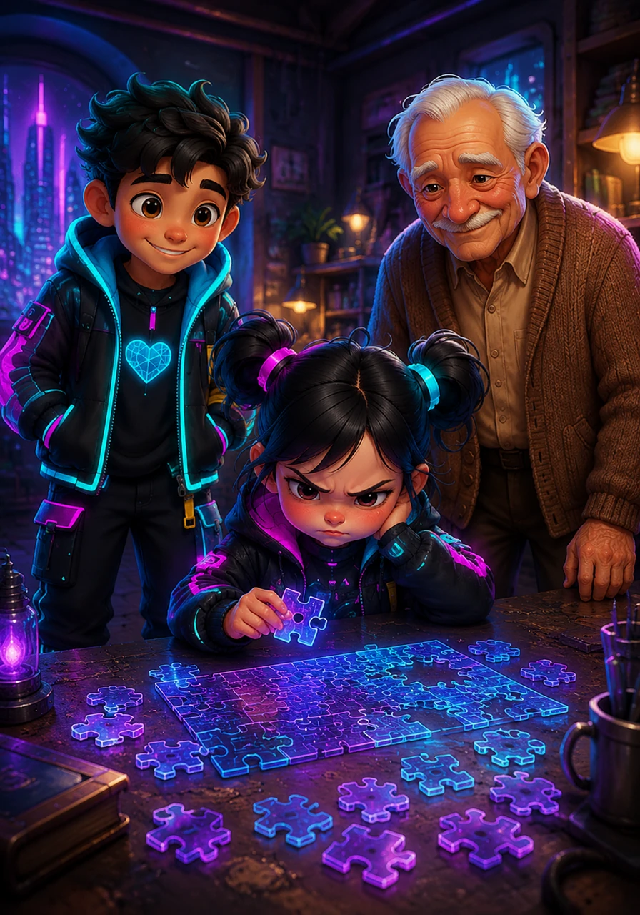 Decidido a devolver la luz, Mateo observa a su hermana pequeña que intenta armar un rompecabezas complicado, sintiéndose frustrada.