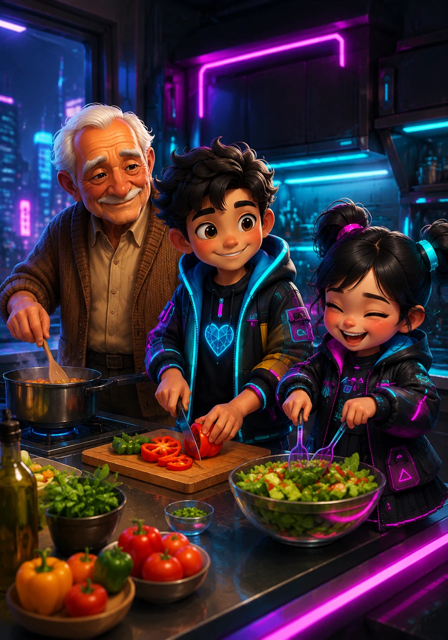 Luego, busca a sus padres en la cocina y les ayuda a preparar la cena, compartiendo risas y ayudándoles a aliviar el cansancio del día.