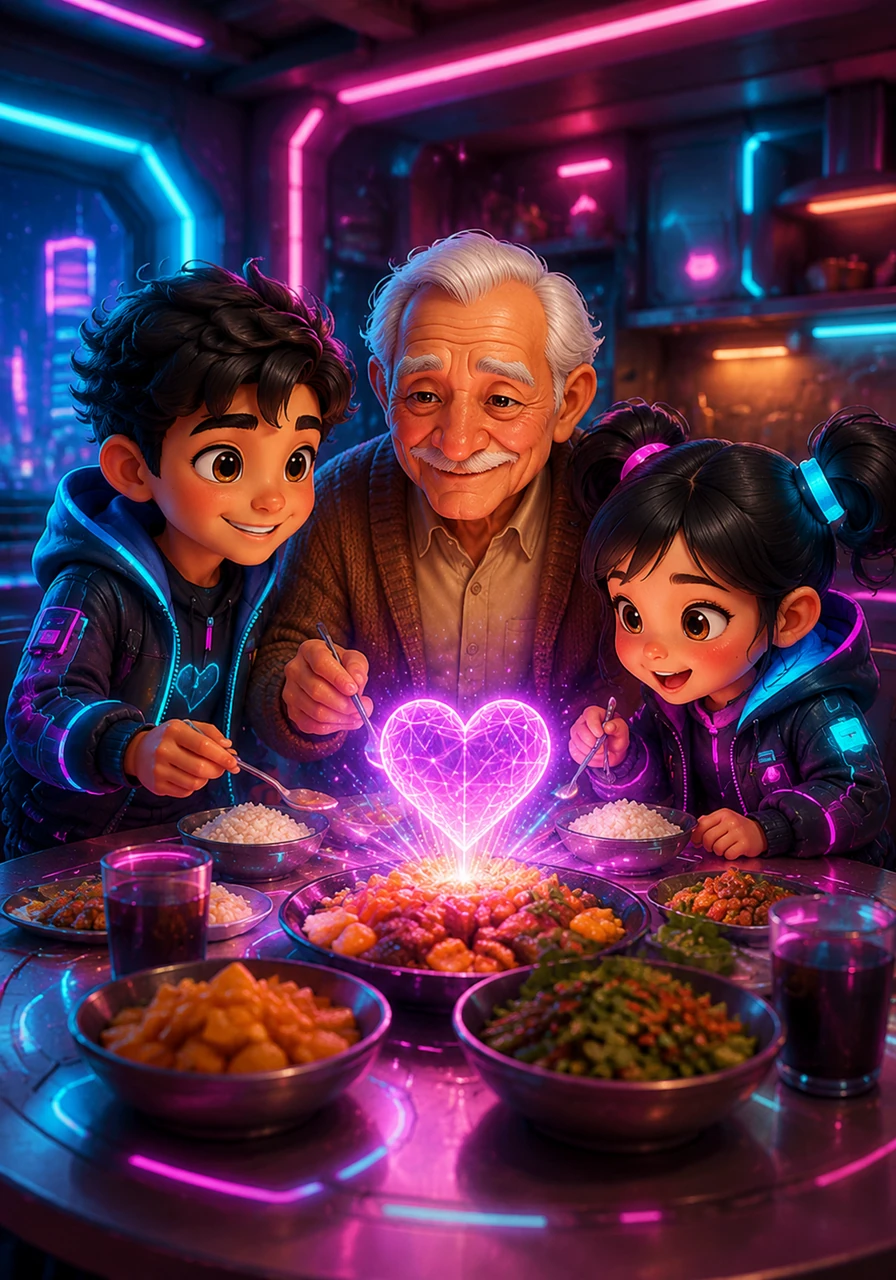 La familia se reúne alrededor de la mesa para cenar, y al compartir el tiempo juntos, el corazón brilla con una intensidad radiante y mágica.