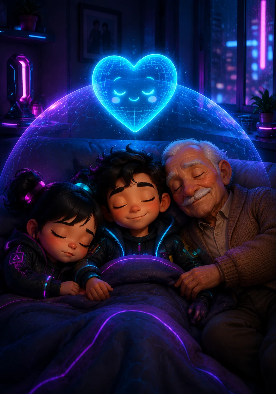 Al final del día, todos descansan profundamente mientras el corazón animado pulsa suavemente en la oscuridad, protegiendo a la familia con su luz eterna.