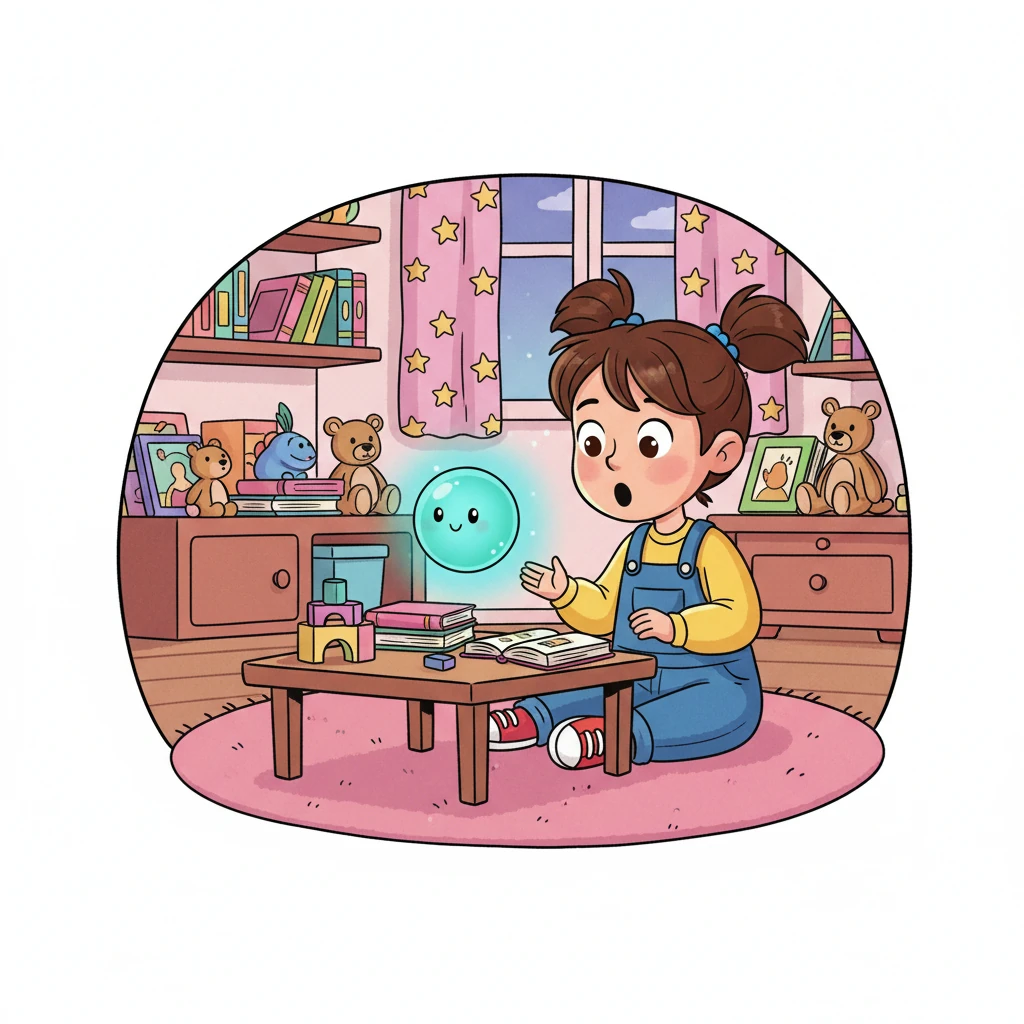 Алиса сидит в своей уютной комнате, окруженная яркими книгами и игрушками. Вдруг из ниоткуда появляется маленький, дружелюбный, светящийся голубой шарик, тихонько парящий над её столом. Алиса смотрит на него с широко раскрытыми от удивления глазами.