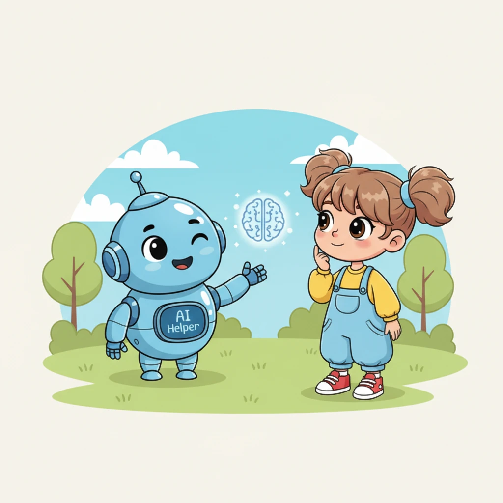 Шарик дружелюбно подмигивает и представляется как Интеллектик, маленький помощник Искусственного Интеллекта. Он объясняет Алисе, что ИИ — это как умный мозг для машин, который помогает им думать и выполнять разные задачи. Алиса с интересом наклоняет голову, слушая своего нового друга.