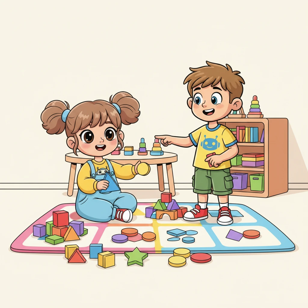 Интеллектик предлагает Алисе первое задание: помочь ему рассортировать разноцветные фигуры по форме и размеру. Алиса увлеченно играет, понимая, что так ИИ учится распознавать узоры и находить сходства. Она чувствует себя настоящим маленьким ученым.