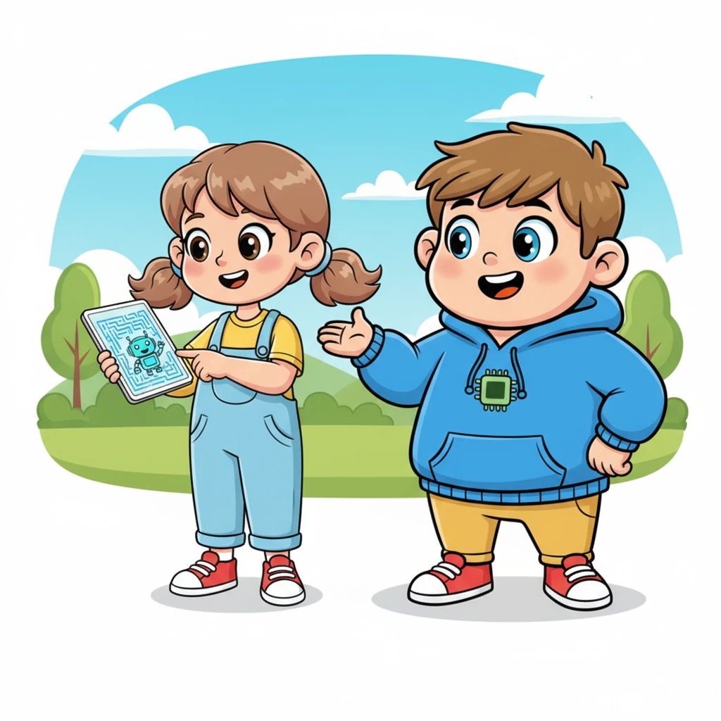 Следующее задание — помочь виртуальному роботу пройти лабиринт на экране планшета. Алиса с радостью указывает роботу путь, а Интеллектик объясняет, что это похоже на то, как ИИ решает сложные задачки и находит лучшие решения. Робот весело машет ей рукой.