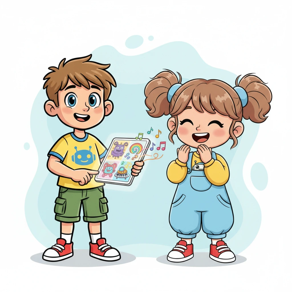 Интеллектик показывает, как ИИ может быть творческим. На экране появляются забавные рисунки и мелодии, созданные Искусственным Интеллектом. Алиса смеется, видя, как ИИ может придумывать что-то новое и интересное, совсем как она сама.