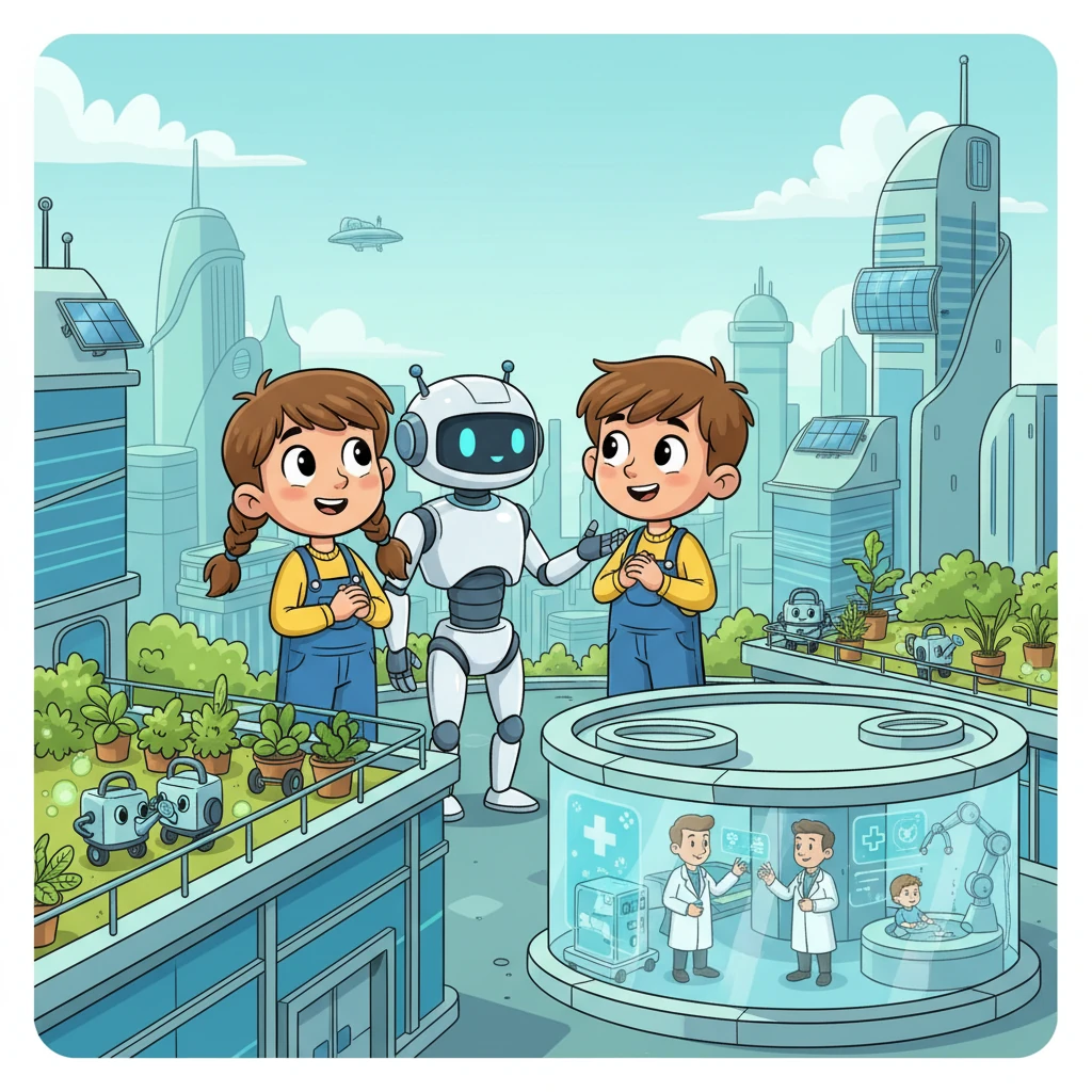 Интеллектик переносит Алису в будущее, где ИИ помогает людям по всему миру. Они видят, как роботы-помощники ухаживают за растениями, а умные системы помогают врачам. Алиса представляет, как много добра может принести Искусственный Интеллект.