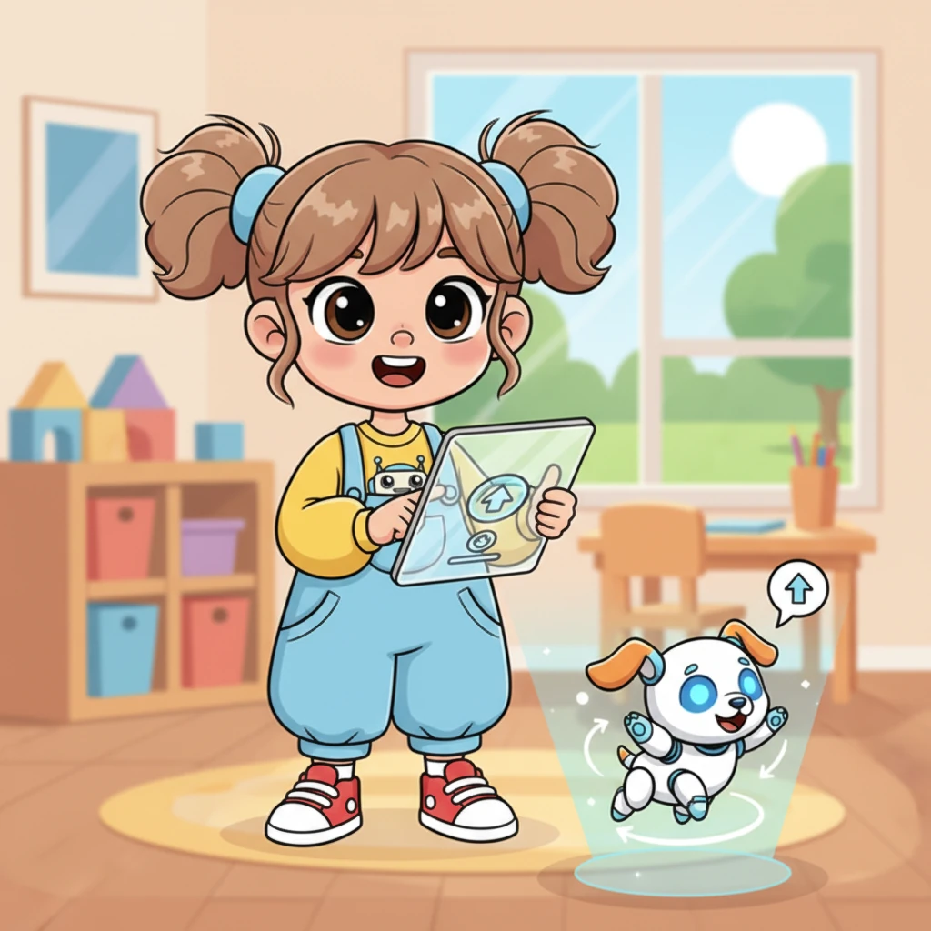 Алиса получает ещё одно задание: дать простые команды виртуальному питомцу, чтобы он прыгнул или повернулся. Она радостно наблюдает, как питомец выполняет её инструкции, понимая, что это похоже на то, как мы "учим" ИИ, что делать.