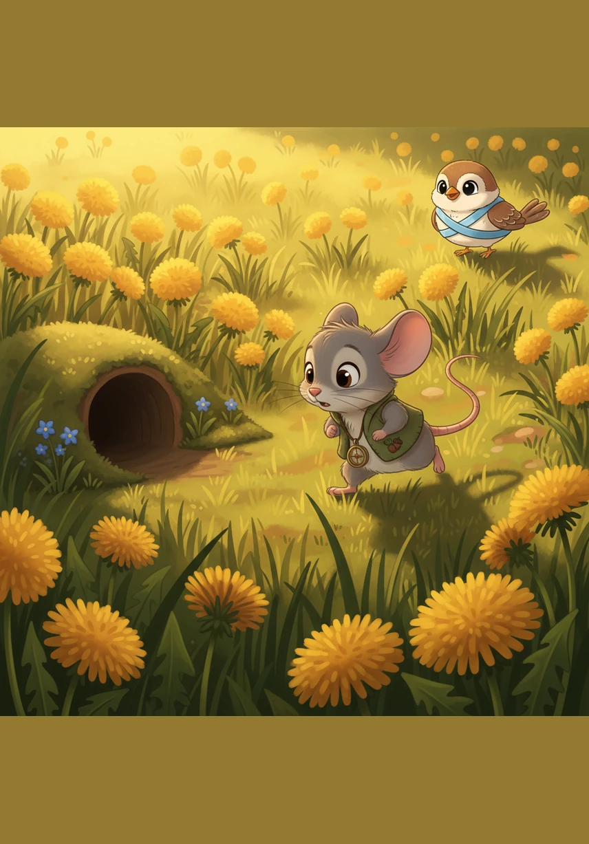 Milo was a small mouse who lived in a bright meadow filled with golden dandelions and warm sunshine. While he loved the day, he would scurry home to his cozy burrow the moment the shadows began to stretch long across the grass.