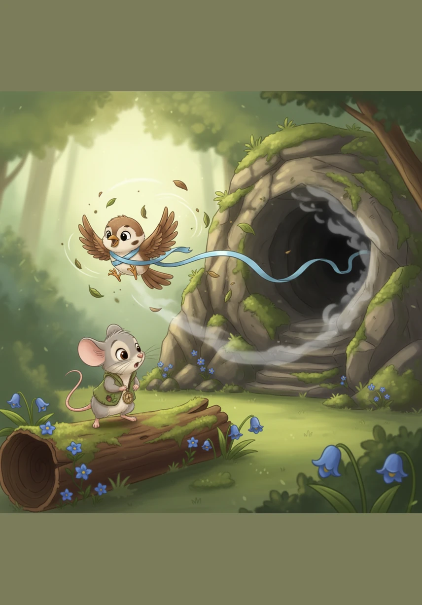 One afternoon, Milo’s best friend Pip the sparrow was playing with a shimmering blue ribbon near the edge of the woods. A sudden gust of wind caught the ribbon and carried it deep into the mouth of the Whispering Cave.