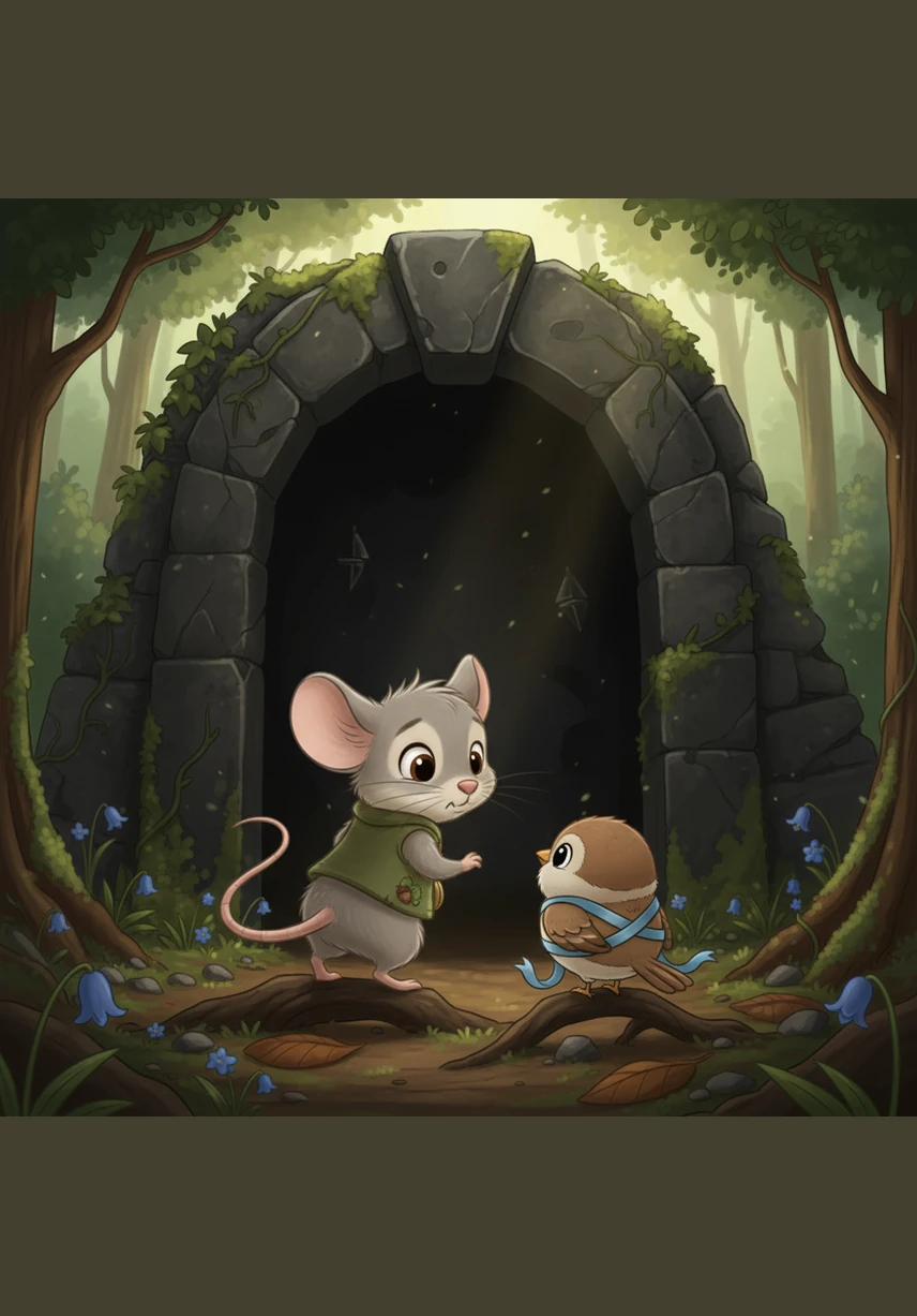 Milo stood at the edge of the cavern, his whiskers twitching with fear as the sun dipped below the horizon. The cave looked like a giant mouth waiting to swallow the light, but he knew he couldn't leave Pip all alone in the dark.