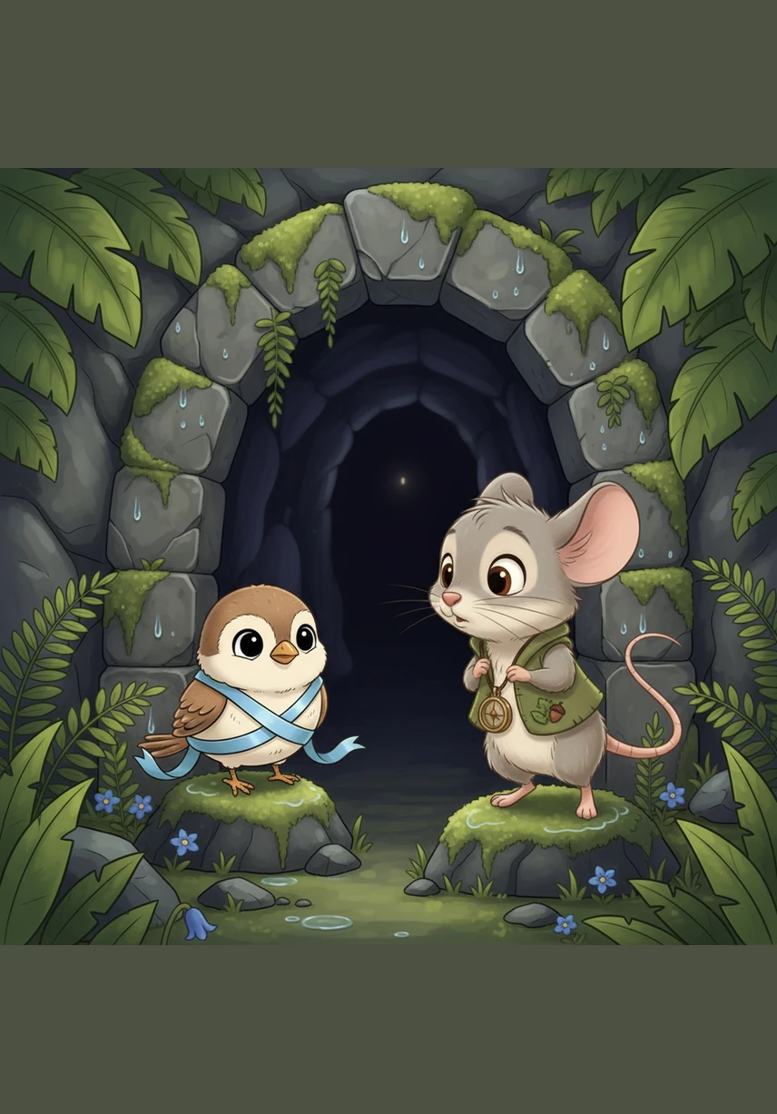 He spotted a cluster of glowing moon-fungus growing near the damp entrance and carefully picked a bright, luminous stem. With this tiny, pale green lantern held tightly in his paw, the darkness felt just a little bit smaller.