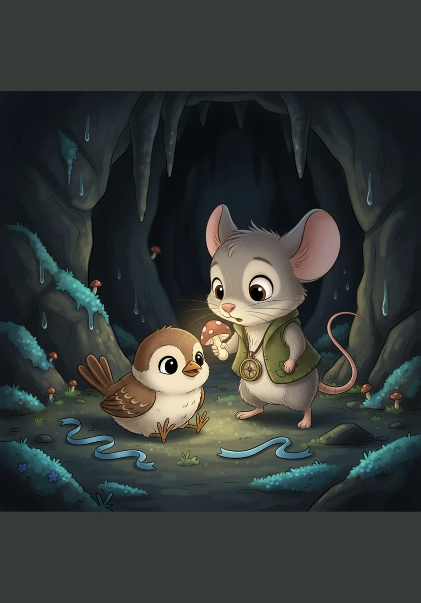 Following the sound of Pip’s distressed chirps, Milo found his friend tangled in a thick, sticky spiderweb near the cave floor. Pip looked tired and scared, his wings pinned against the cold ground by the heavy silk.