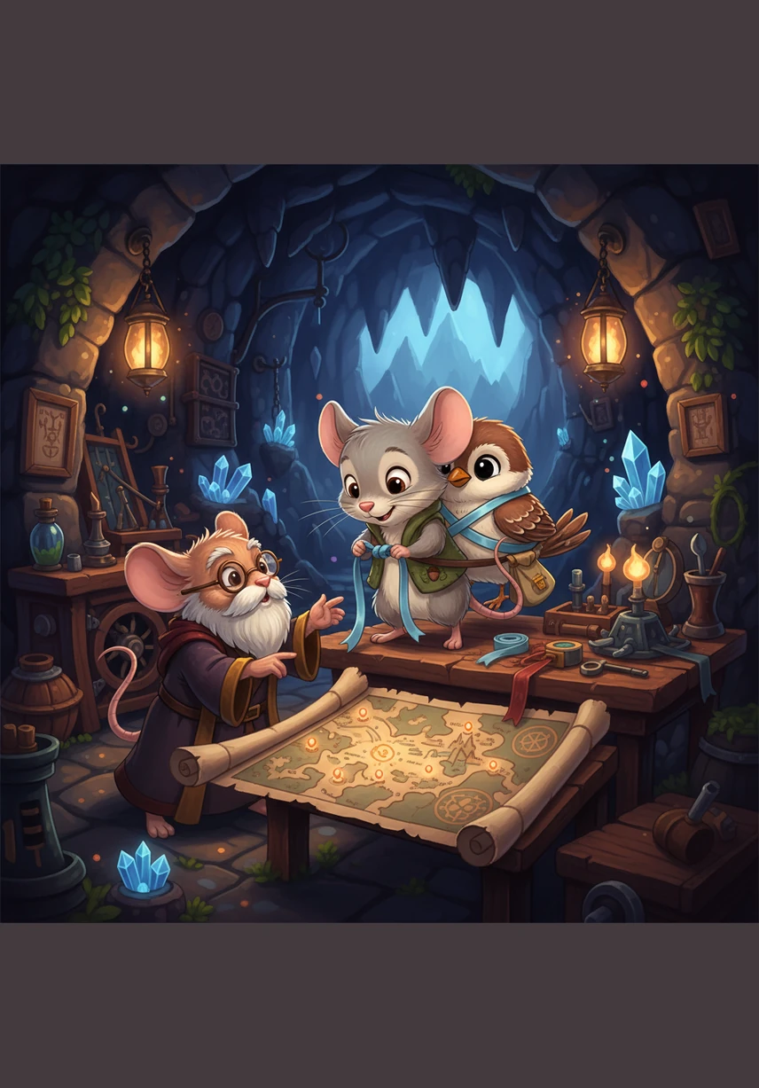 Using his sharp little teeth, Milo carefully nibbled through the sticky threads until Pip was finally free from the web. They hugged tightly, the soft glow of the mushroom illuminating their joyful reunion in the heart of the mountain.