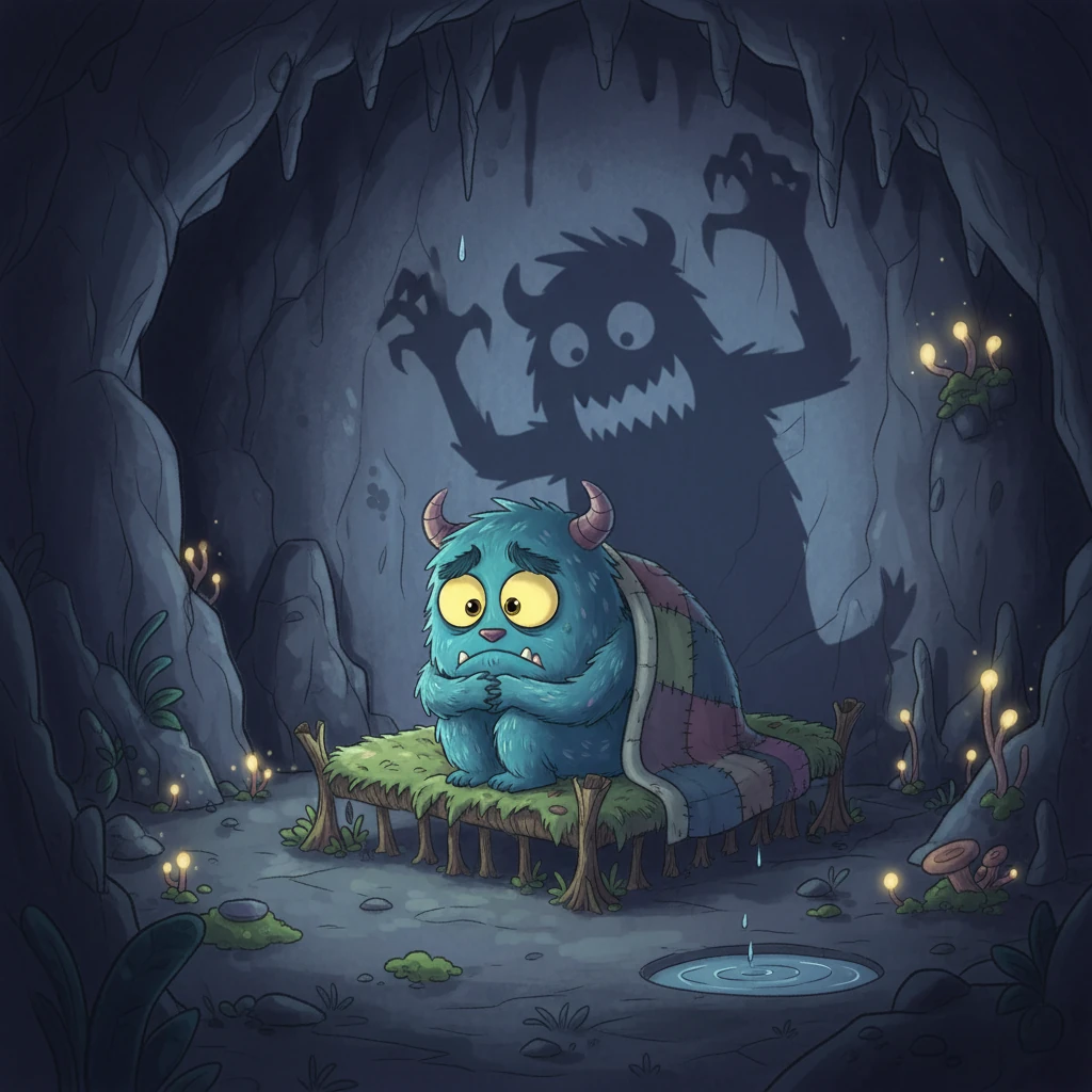 Medinho era um monstrinho pequeno, com o pelo azul e olhos grandes, que vivia em uma caverna escura. Ele tinha muito medo de tudo, principalmente da própria sombra que dançava nas paredes. Cada noite, o medo o impedia de dormir, fazendo com que se encolhesse em sua cama.